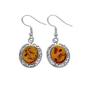 Estate Sterling Silver 925 Cut Out Amber Cabochon Dangle Earrings
